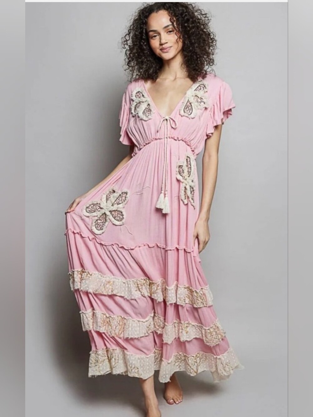 POL Pink Tiered Maxi Dress with Embroidered Accents